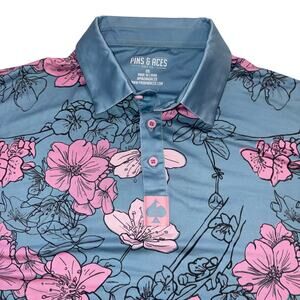 Pins & Aces Luxury Golf Performance Men's Polo 2XL Robin Egg Blue Cherry Blossom